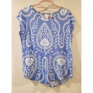 Joie Linen Top‎ Womens Size Medium Blue White Print Cap Sleeve 100% Linen